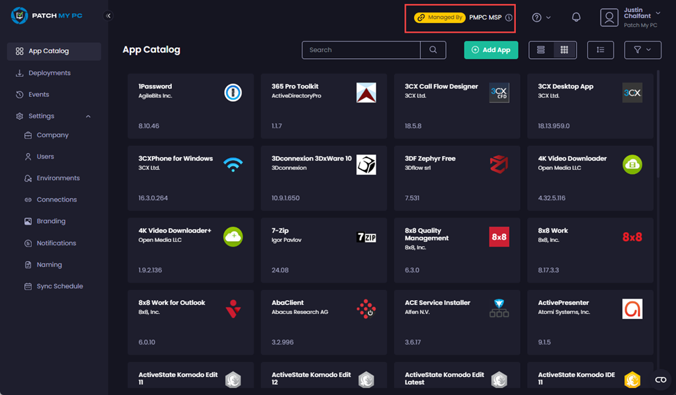Portal refreshing to show the child company has been selected as the 'Managed By <msp_name>' indicator is shown in the header.