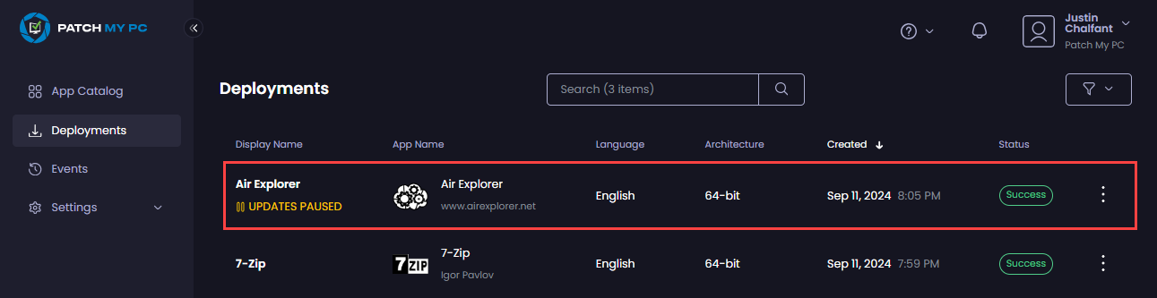 Clicking on the relevant successful deployment which has been paused for updates