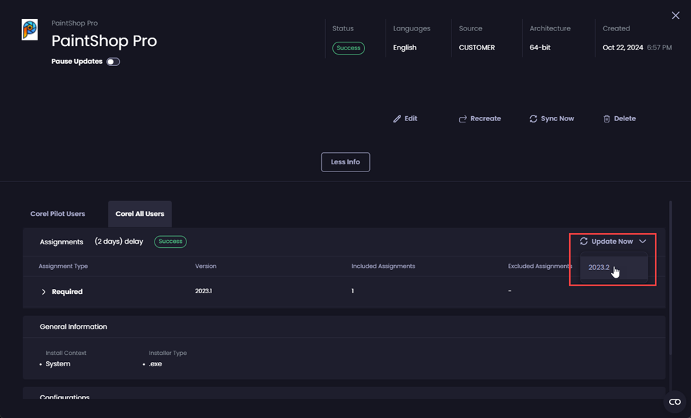 Selecting which version to update this ring to
