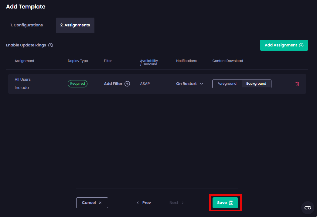 Clicking 'Save' to save the Template