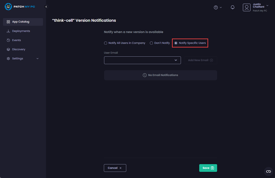 Selecting “Notify Specific Users”