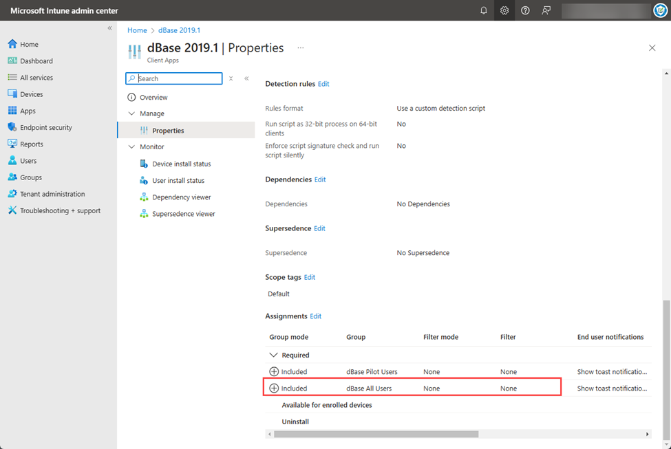Second Update Ring has been created, which has added the assignment to the “dBase All Users” group.