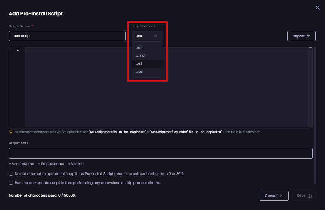 Selecting the type of script from the 'Script Format' dropdown.