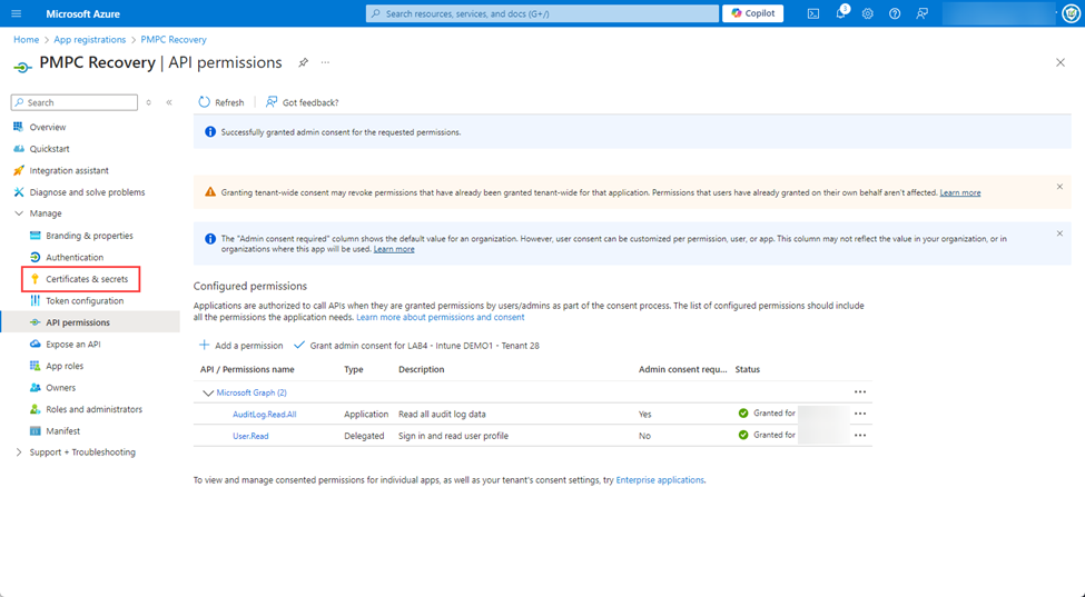 Navigating to 'Certificates and secrets'