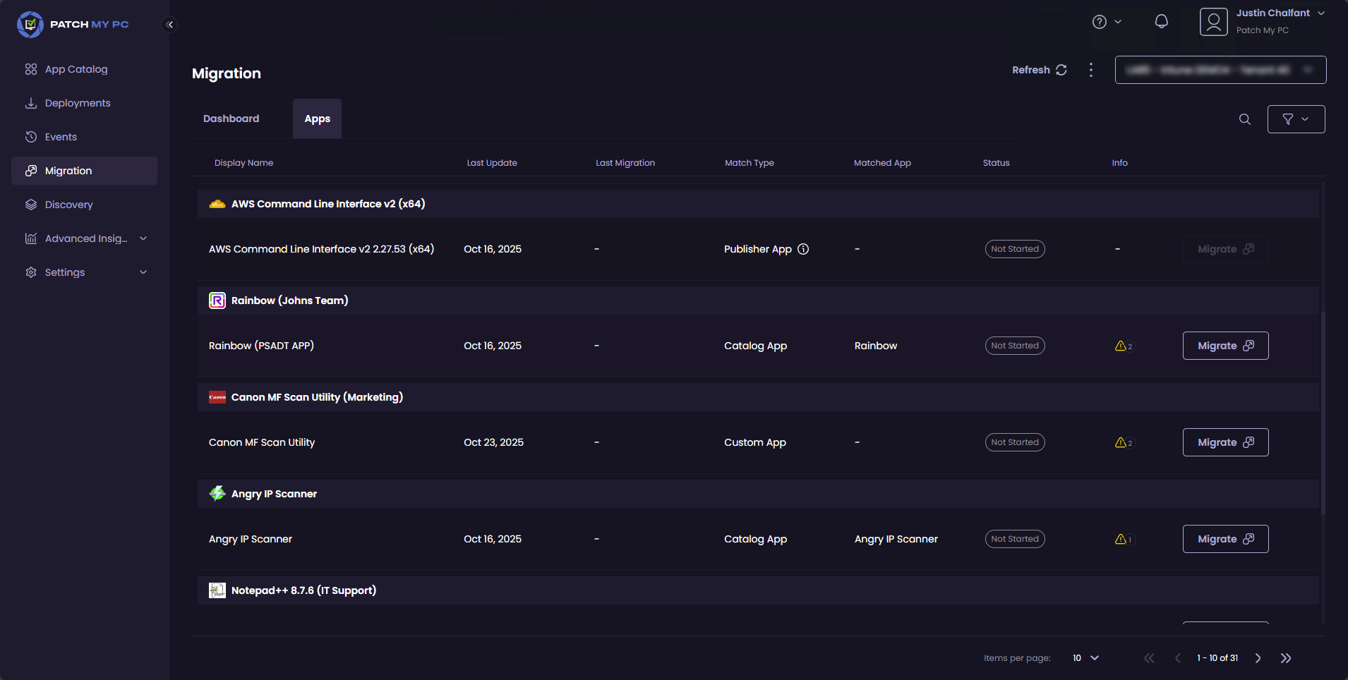 Migration Dashboard Apps Tab