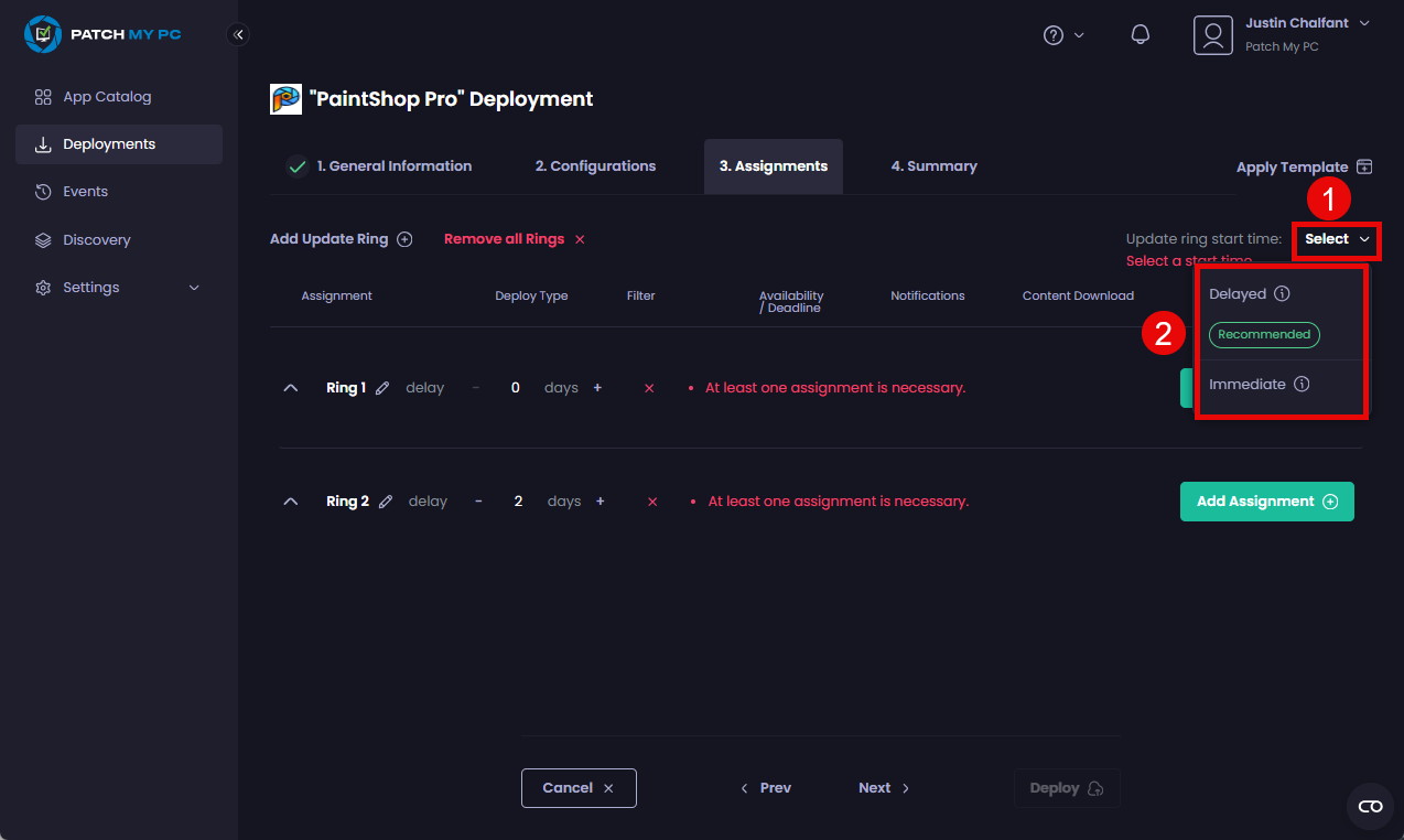 Choosing the Update Ring start time 