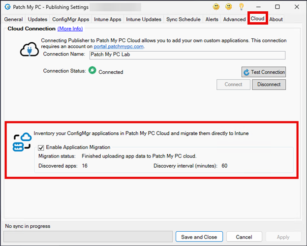 “Enable Application Migration” checkbox is checked on the “Cloud” tab