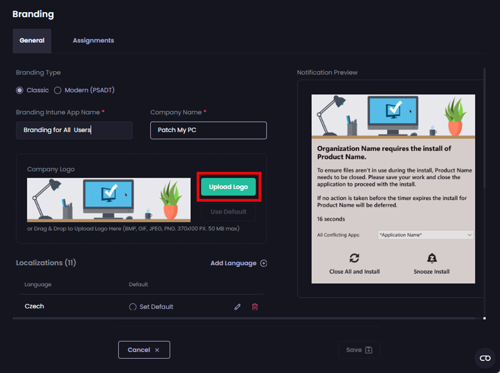 Clicking ‘Upload Logo’