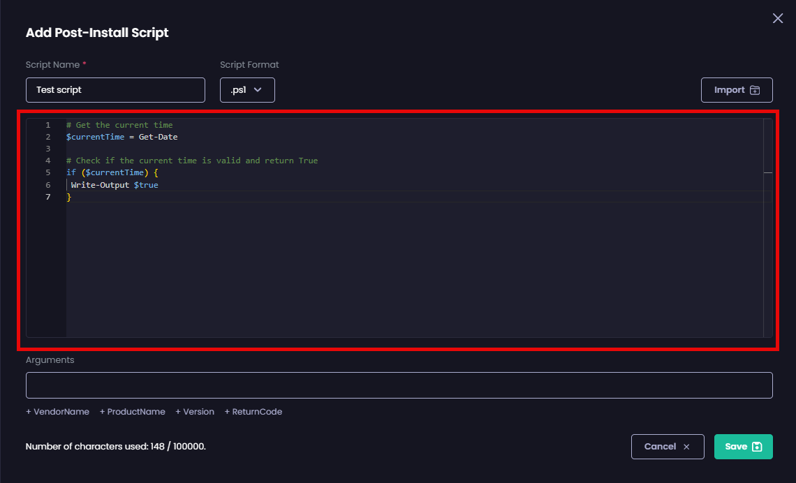 “Add Post-Install Script” page is populated with the imported script.
