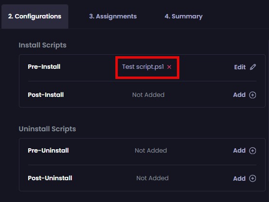“Configurations” tab re-displayed with the name of the configured script beside it