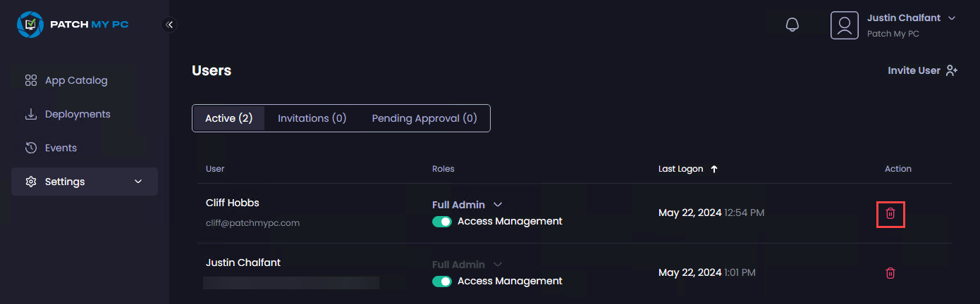 Clicking the trashcan beside the user to be deleted