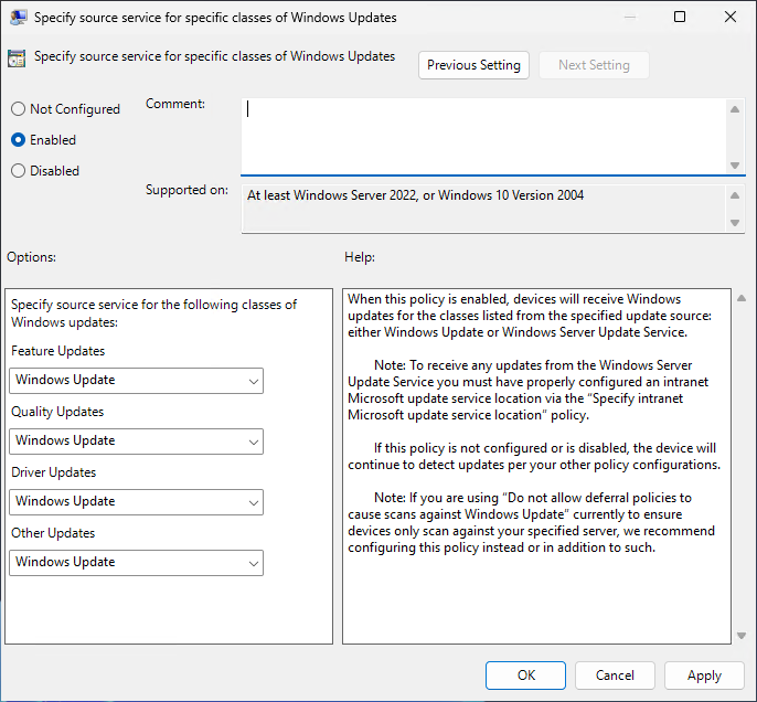 Set Source to Windows Update