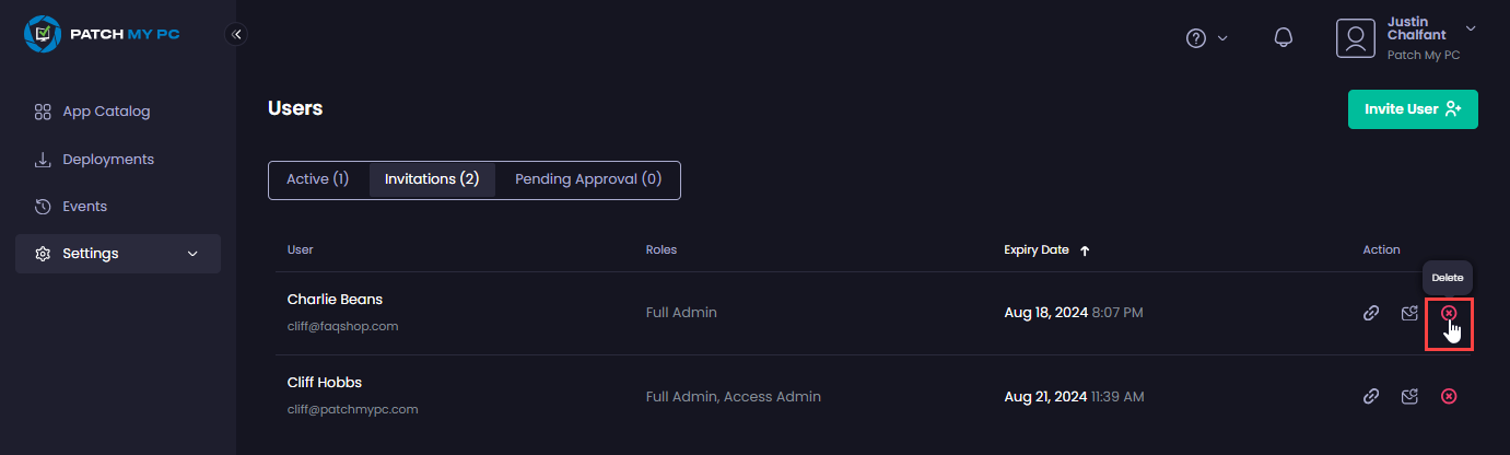 Clicking the “Delete” icon