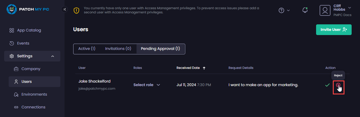 Selecting the Access Request to Reject