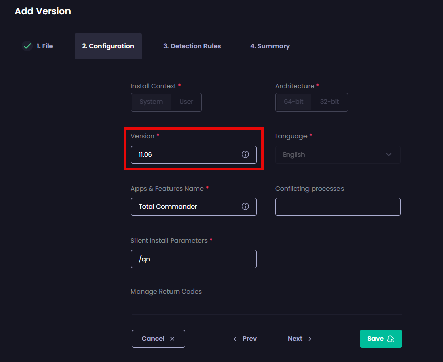 Entering the version of the “Configuration page”