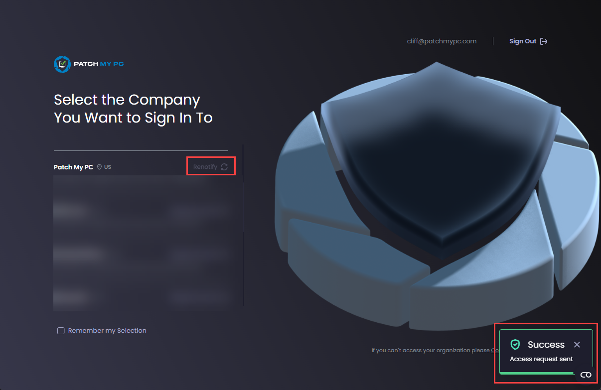 The “Success – Request sent” notification is displayed