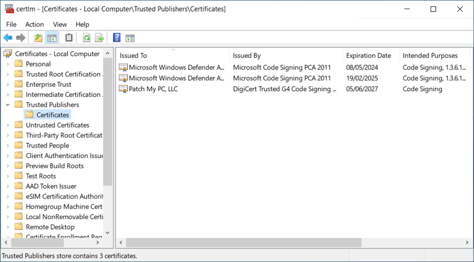 How the certificate appears in a clients “Trusted Publishers” store