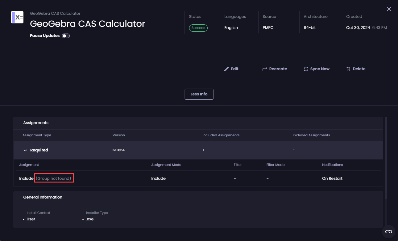 "Group not found" shown beside the assignment for a successful assignment.