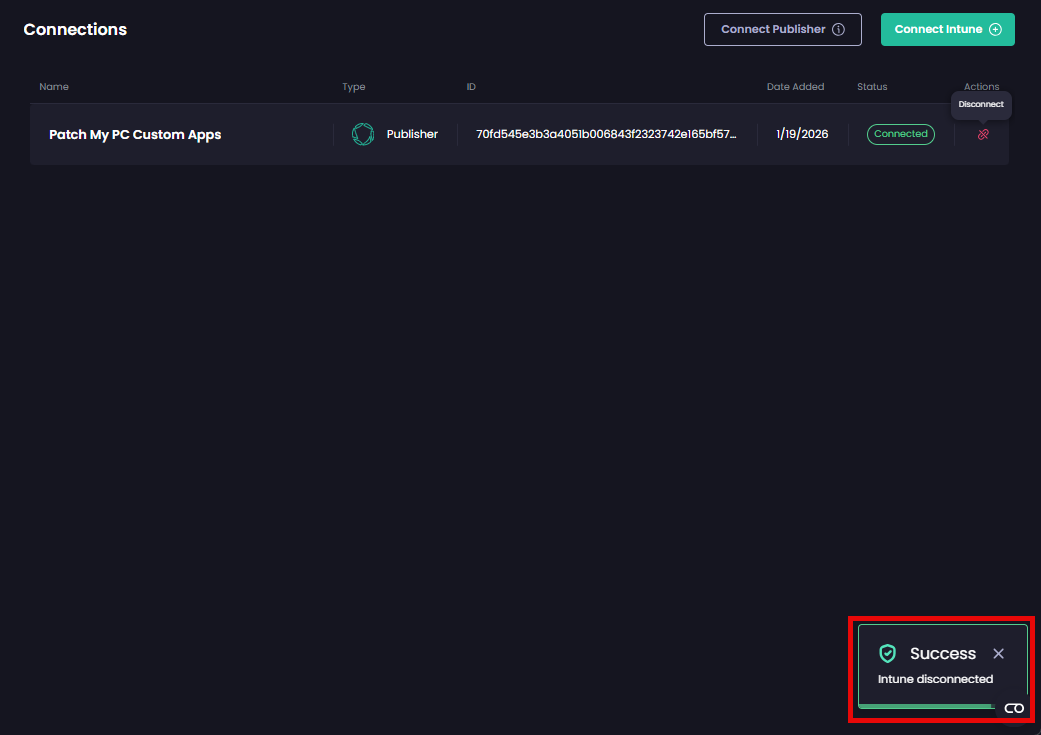 Connection deleted, and the 'Success - <connection_type> disconnected' notification is shown