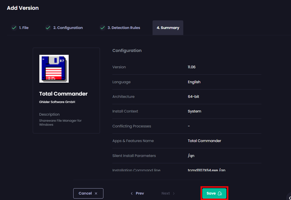 Clicking “Save” on the “Summary” page