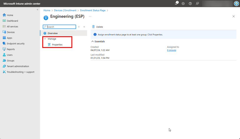 Navigating to “Manage | Properties”