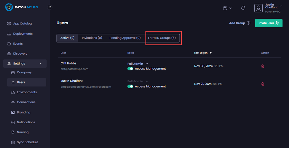 Clicking the “Entra ID Groups” tab