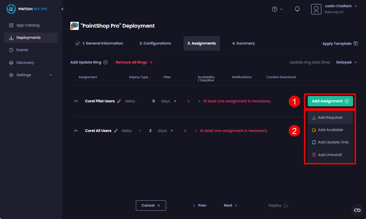 Assignments added and configured for each Update Ring