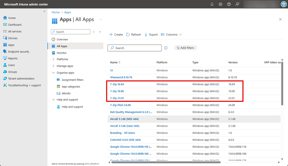 List of apps deps deployed