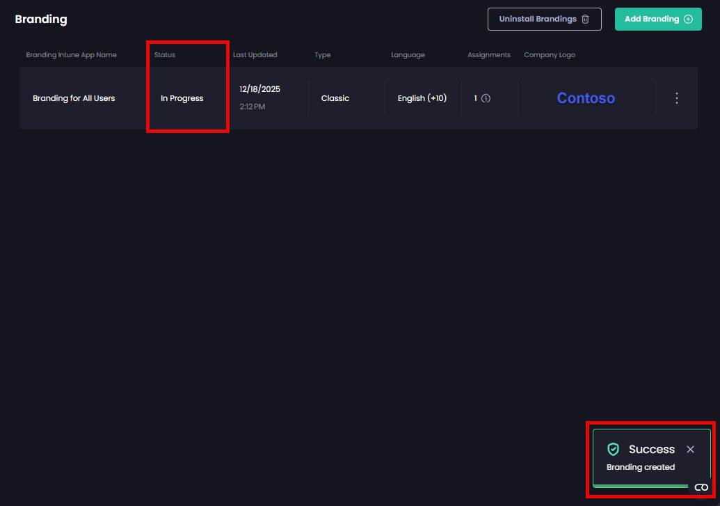 'Success – Branding created' notification and the 'Status' of the branding app is shown as 'In Progress'