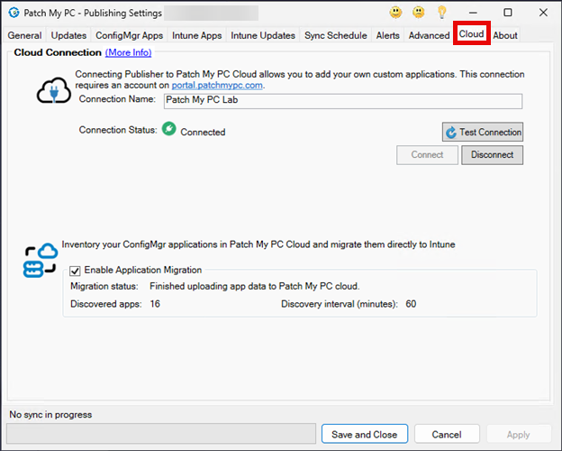 Clicking the "Cloud" tab