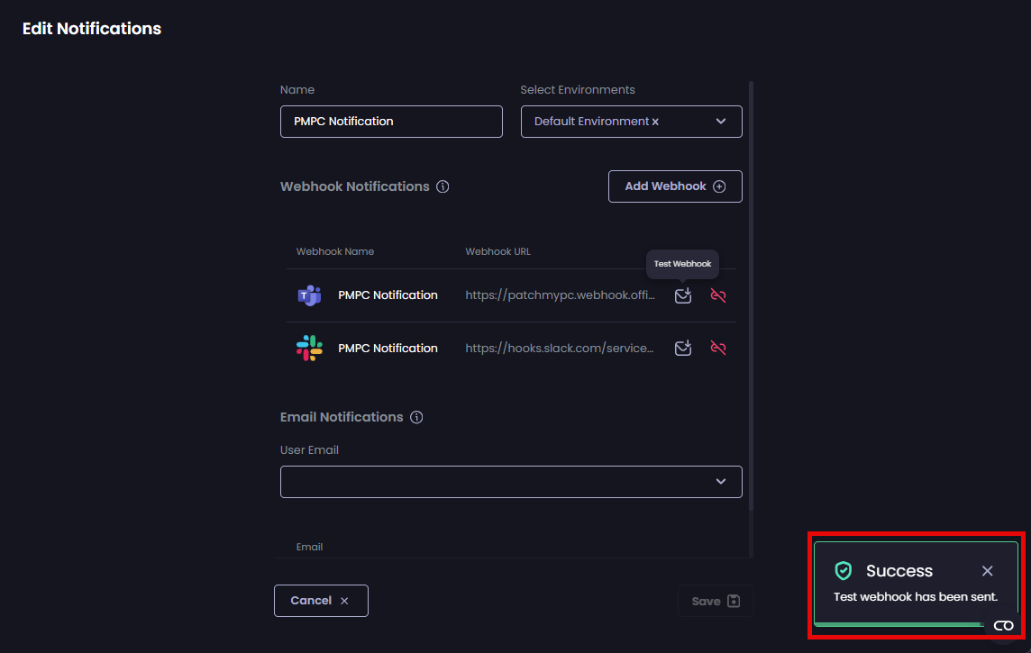 "Success - Test webhook has been sent" notification