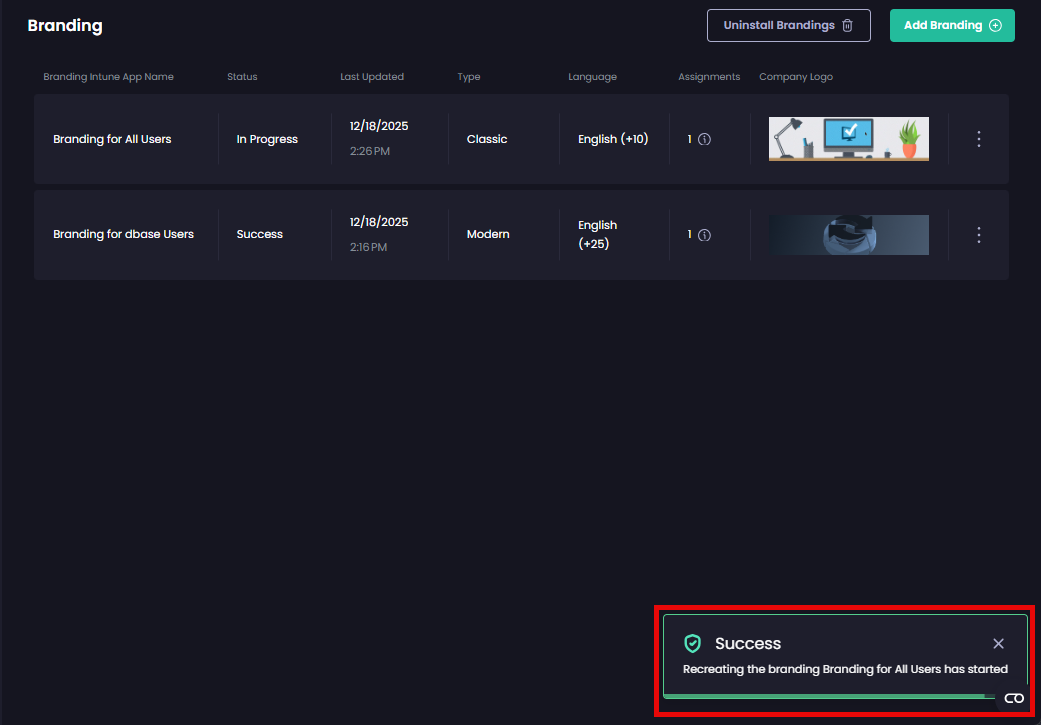 'Success - Recreating the branding <branding_app_name>' notification