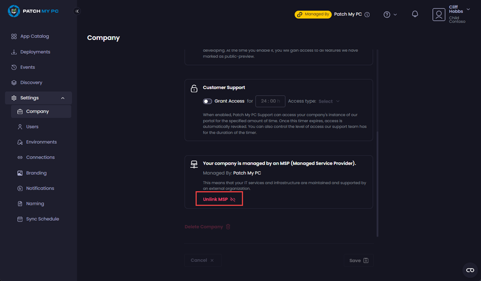 Clicking 'Unlink MSP'