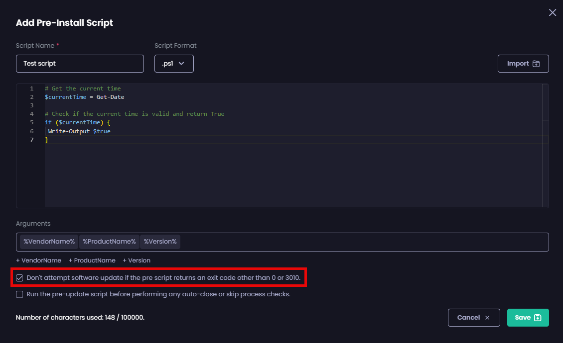 Checking the “Don’t attempt software update if the pre script returns an exit code other than 0 or 3010” checkbox