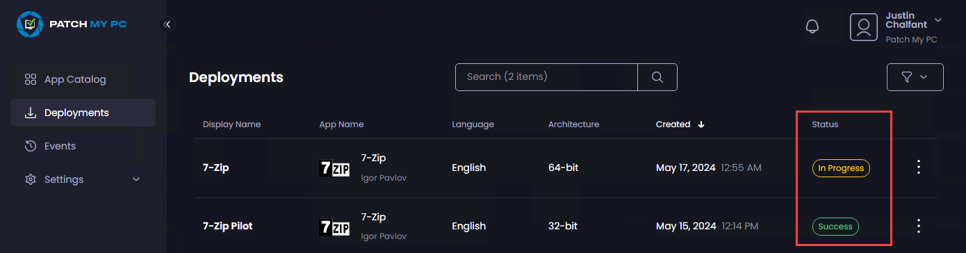 “Status” column showing the status of each deployment 