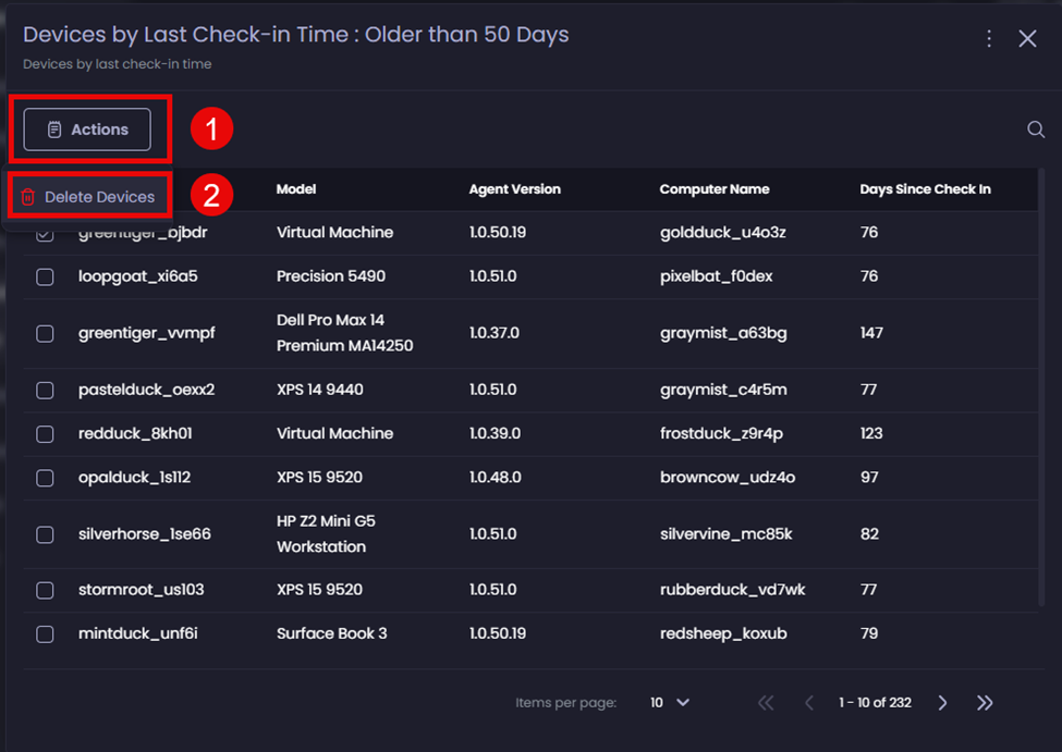 Clicking ‘Actions’ and selecting ‘Delete Devices’    