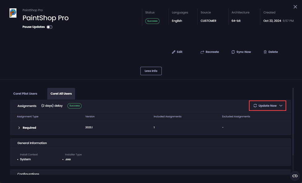 “Update Now” button available