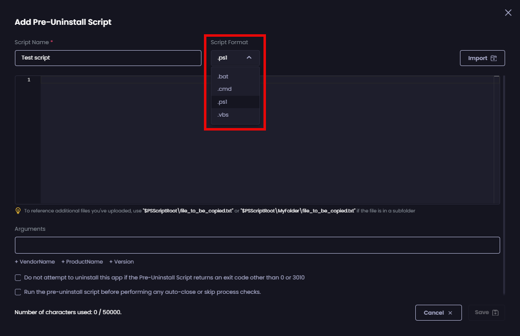 Selecting the type of script from the 'Script Format' dropdown.