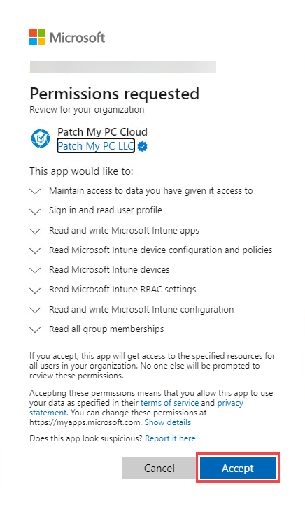 'Permissions requested' screen