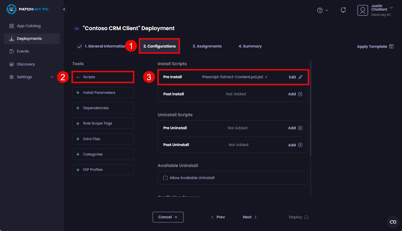 Uploading the extraction script as a Pre-Install Script in your deployment settings