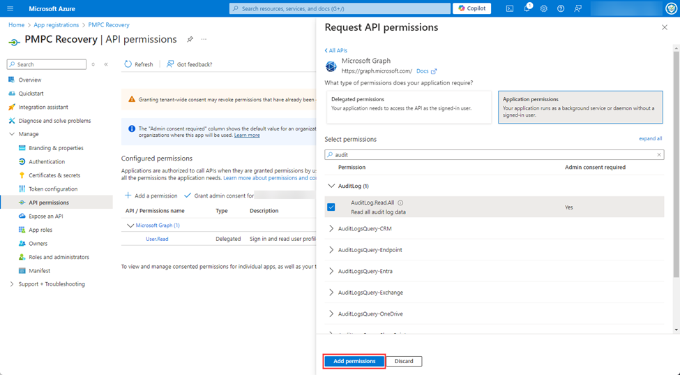Clicking 'Add permissions'