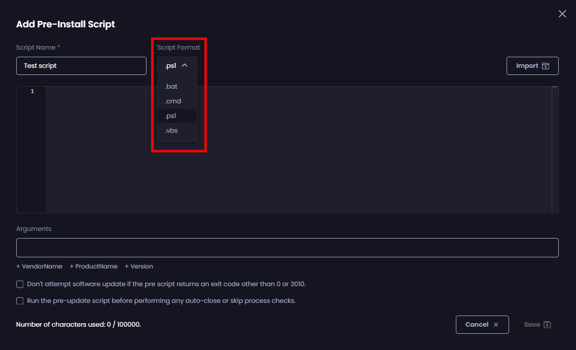 Selecting the type of script from the “Script Format” dropdown.