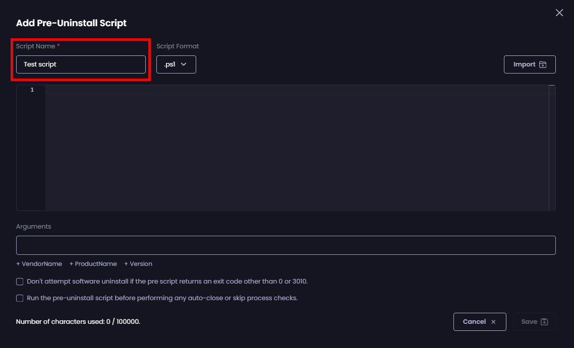 Entering a unique name for the script in the “Script Name” field