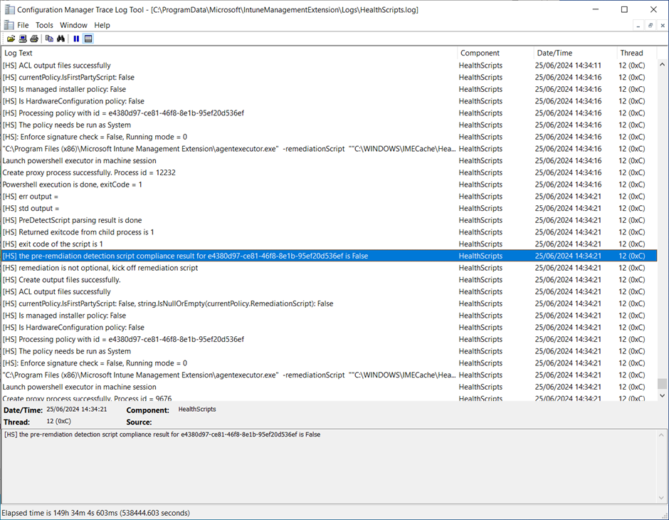 “HealthScripts.log” snippet showing if the pre-remediation (detection) script did not find the certificate already installed in the local machine’s Trusted Publishers store (the Exit code of the script is 1).