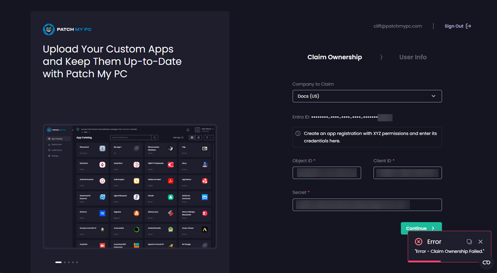 “Error - Claim Ownership Failed”